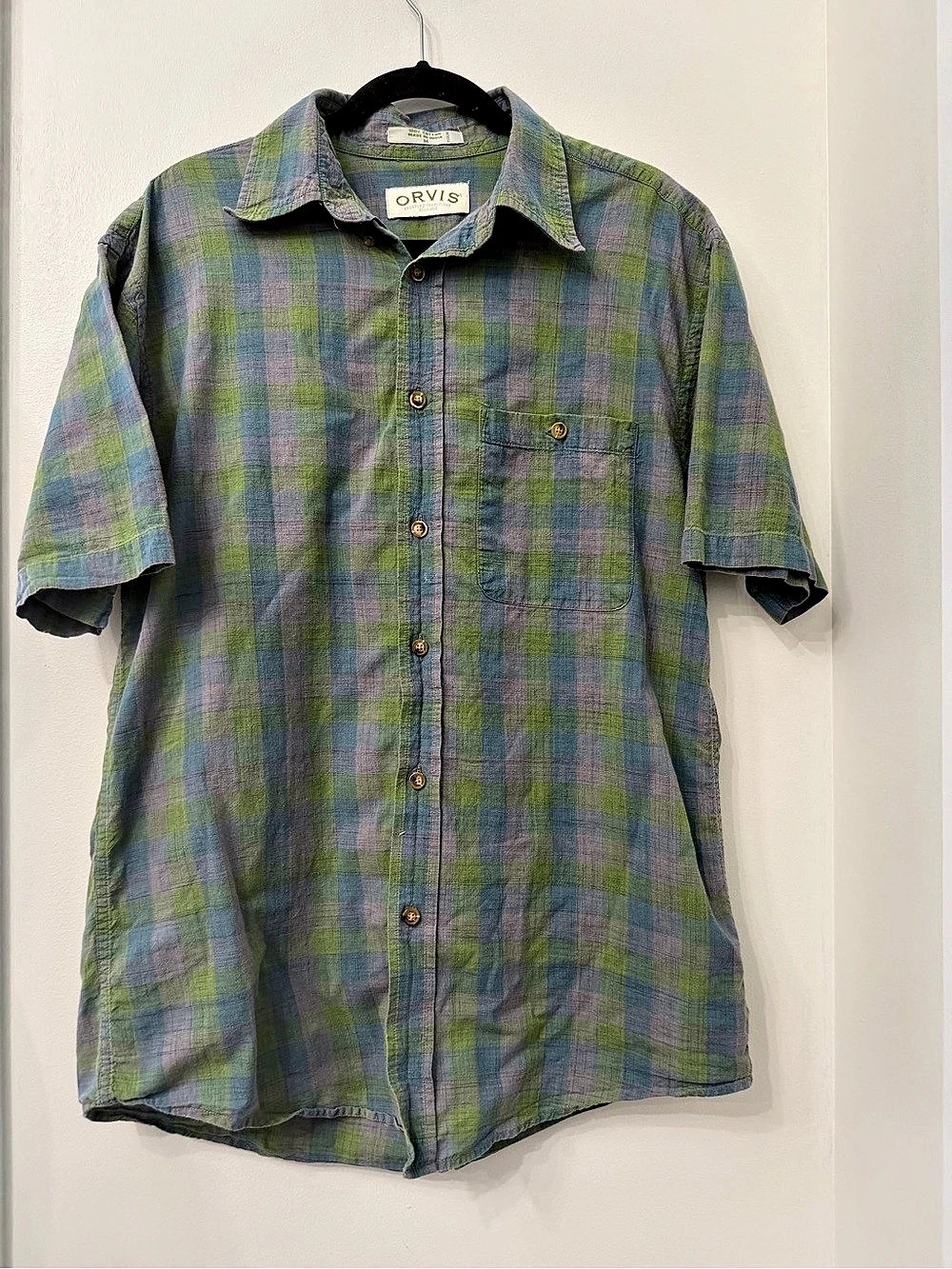 Orvis Men’s Plaid Cotton Button Down in Green & Blue Size Medium